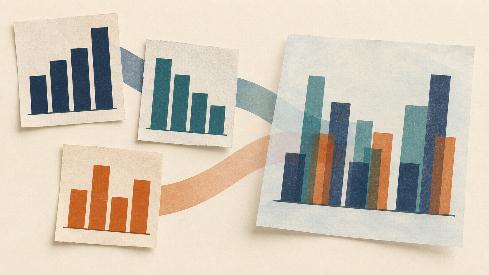 Three separate financial charts beside a combined transparent chart, illustrating how company-level and pooled measures can tell different stories.