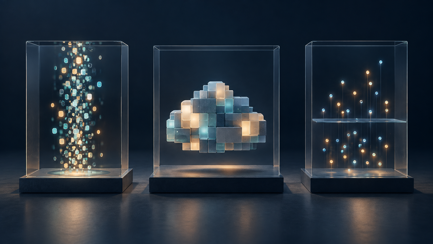 Editorial illustration of three glass display cases holding luminous, abstract AI and cloud-infrastructure components on a dark background.